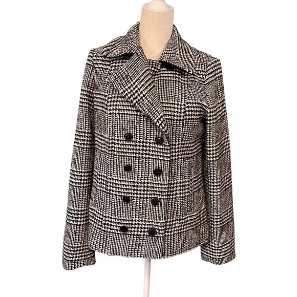 Banana Republic Houndstooth Double Breasted Wool Jacket Black White Size 10 Tall - Picture 2 of 12